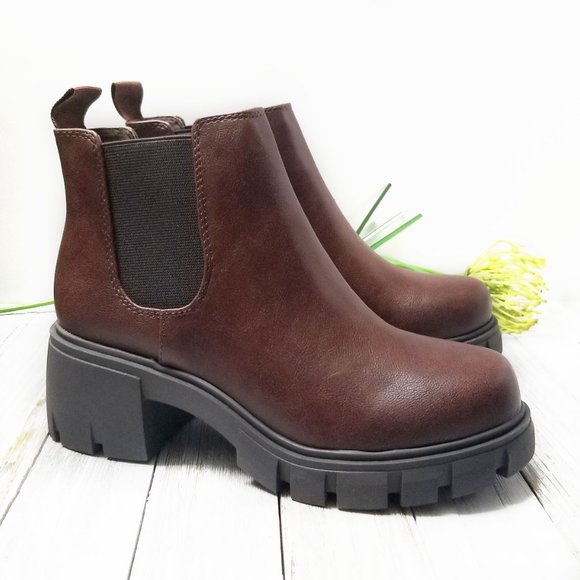 New Brown Chelsea Rlound Toe Platform Ankle Boots Booties - Picture 2 of 4